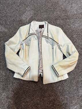 Double D Ranch Western Ivory Suede Leather Fringe Studded Jacket